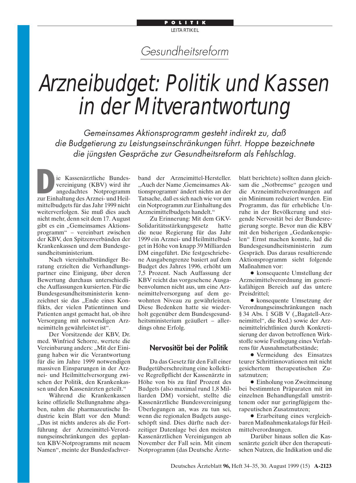 Vorschauseite 1: Gesundheitsreform – Arzneibudget: Politik und Kassen in der Mitverantwortung