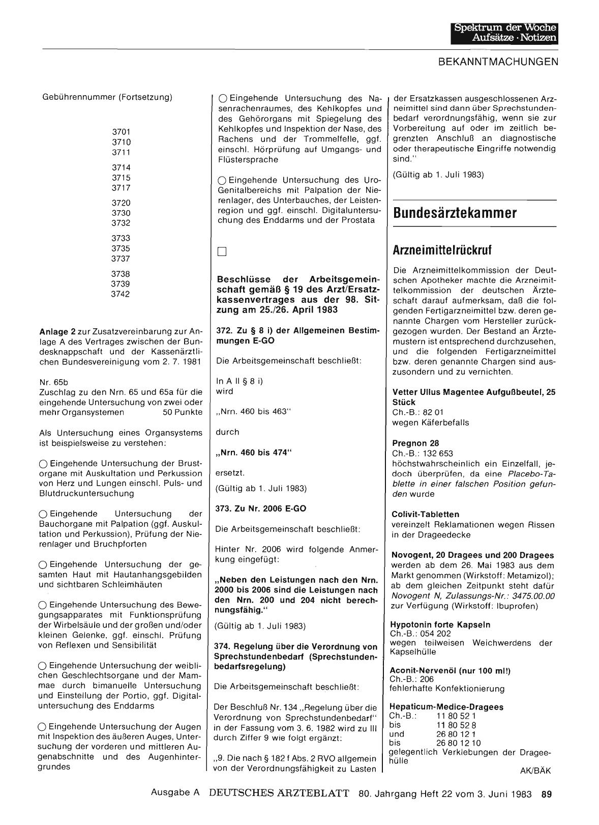 Vorschauseite 1: Beschlüsse der Arbeitsgemeinschaft gemäß § 19 des Arzt/Ersatzkassenvertrages aus der 98. Sitzung am 25. /26. April 1983