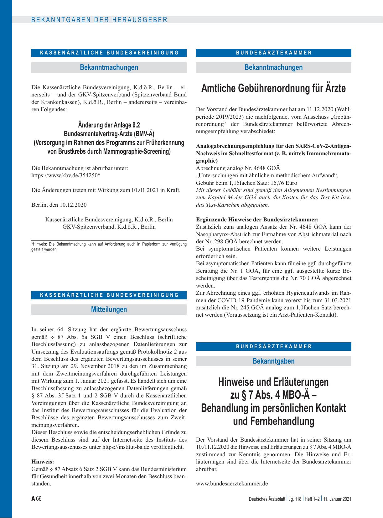 Vorschauseite 1: Hinweise und Erläuterungen zu § 7 Abs. 4 MBO-Ä – Behandlung im persönlichen Kontakt und Fernbehandlung