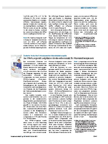 Vorschauseite 1: Zerebraler Verlauf der X-chromosomalen Adrenoleukodystrophie: Der PPAR-γ-Agonist Leriglitazon könnte erster Ansatz für Pharmakotherapie sein.