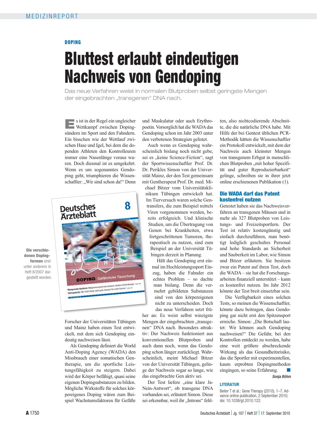 Vorschauseite 1: Doping: Bluttest erlaubt eindeutigen Nachweis von Gendoping