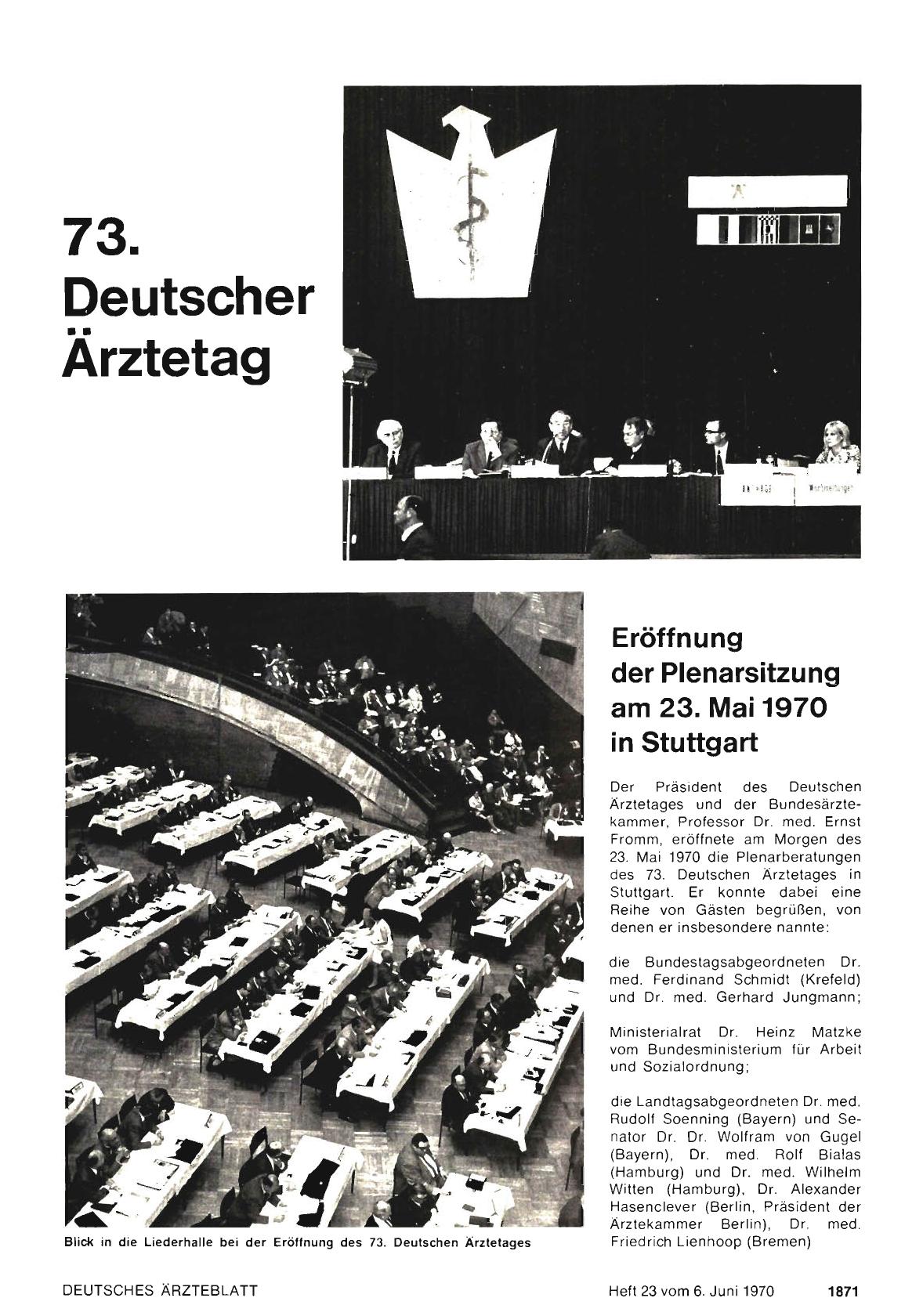 Vorschauseite 1: Eröffnung der Plenarsitzung am 23. Mai 1970 in Stuttgart