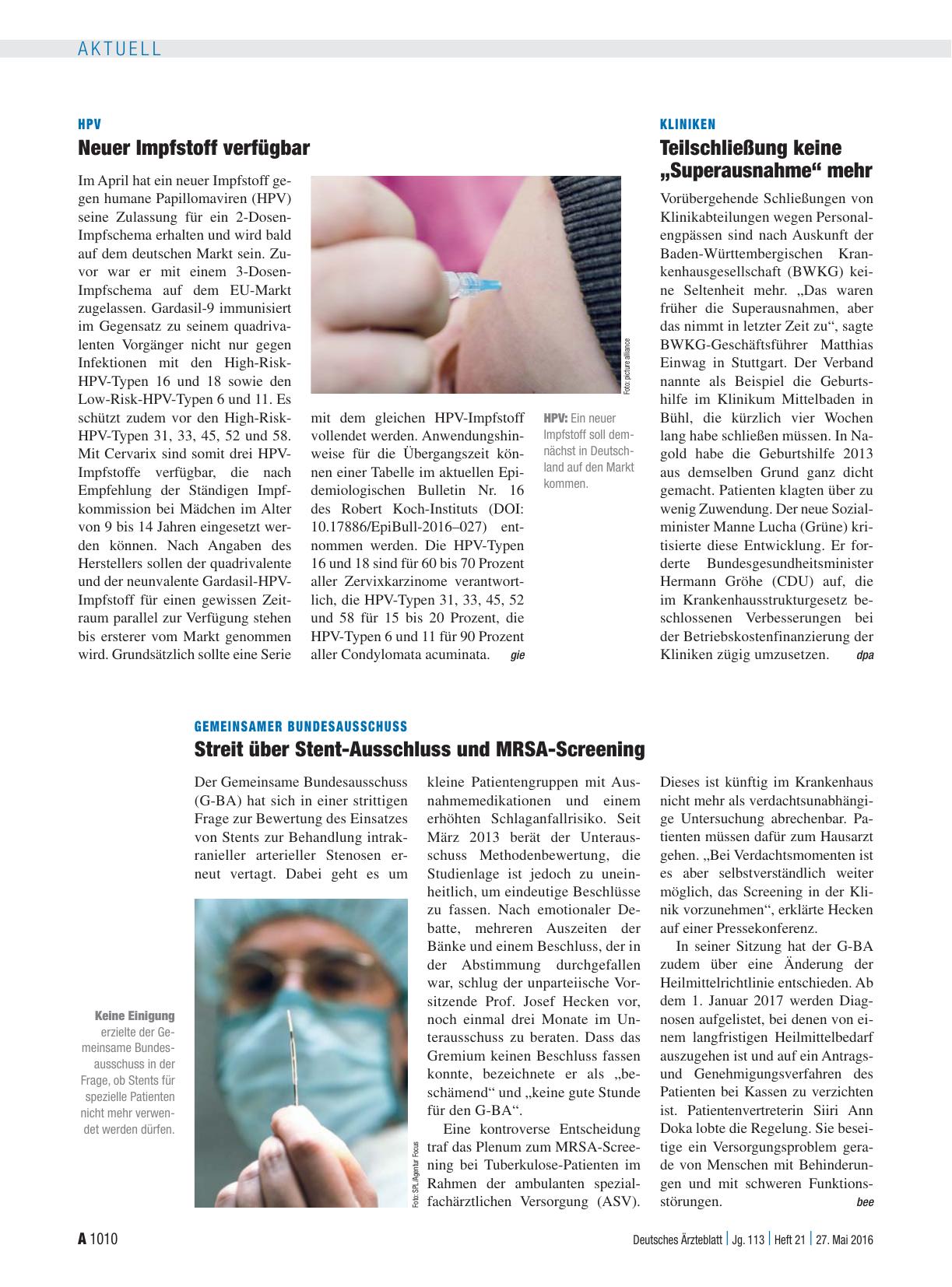 Vorschauseite 1: Gemeinsamer Bundesausschuss: Streit über Stent-Ausschluss und MRSA-Screening