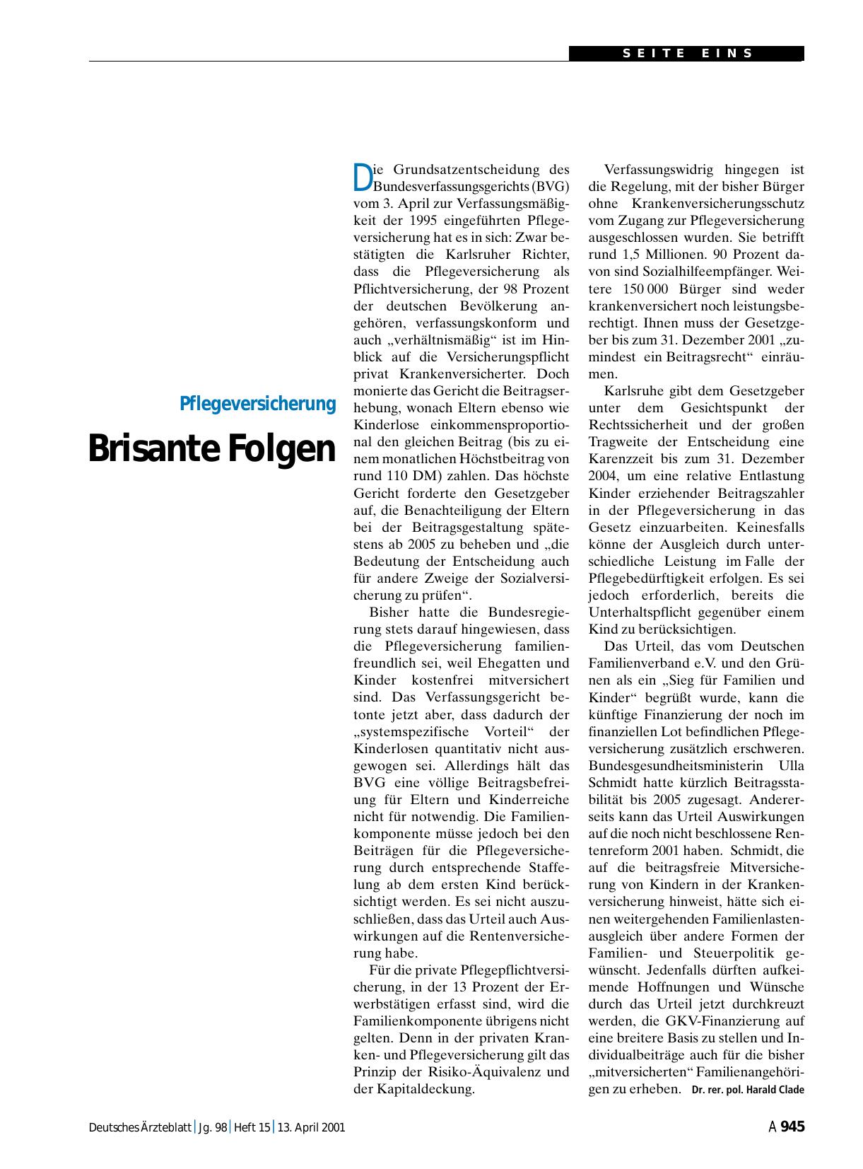 Vorschauseite 1: Pflegeversicherung: Brisante Folgen