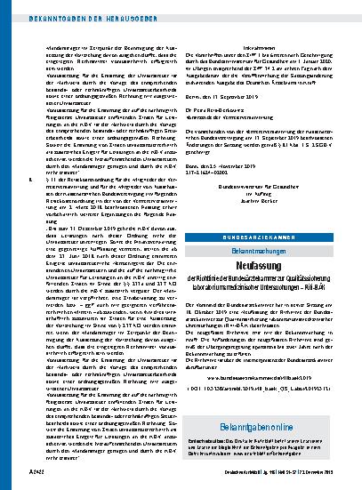 Vorschauseite 1: Neufassung der Richtlinie der Bundesärztekammer zur Qualitätssicherung laboratoriumsmedizinischer Untersuchungen – Rili-BÄK