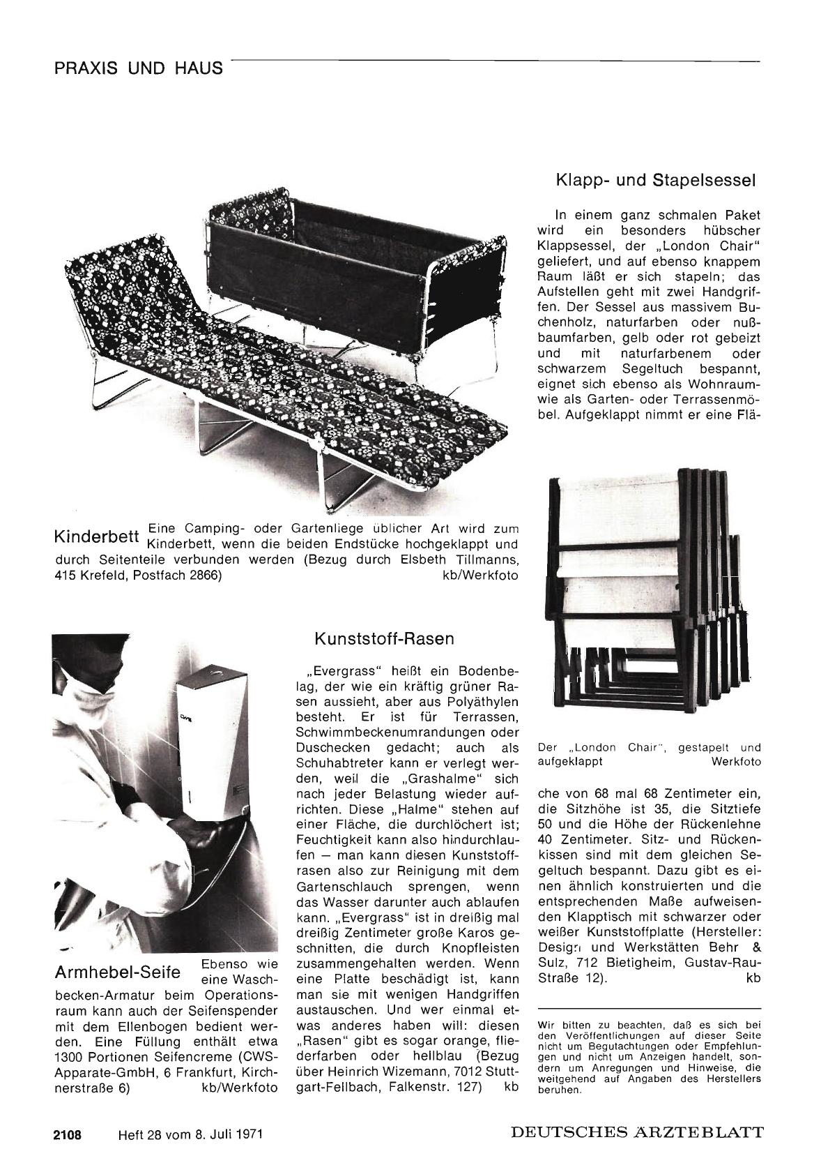 Vorschauseite 1: Kinderbett / Klappund Stapelsessel / Armhebel-Seife / Kunststoff-Rasen