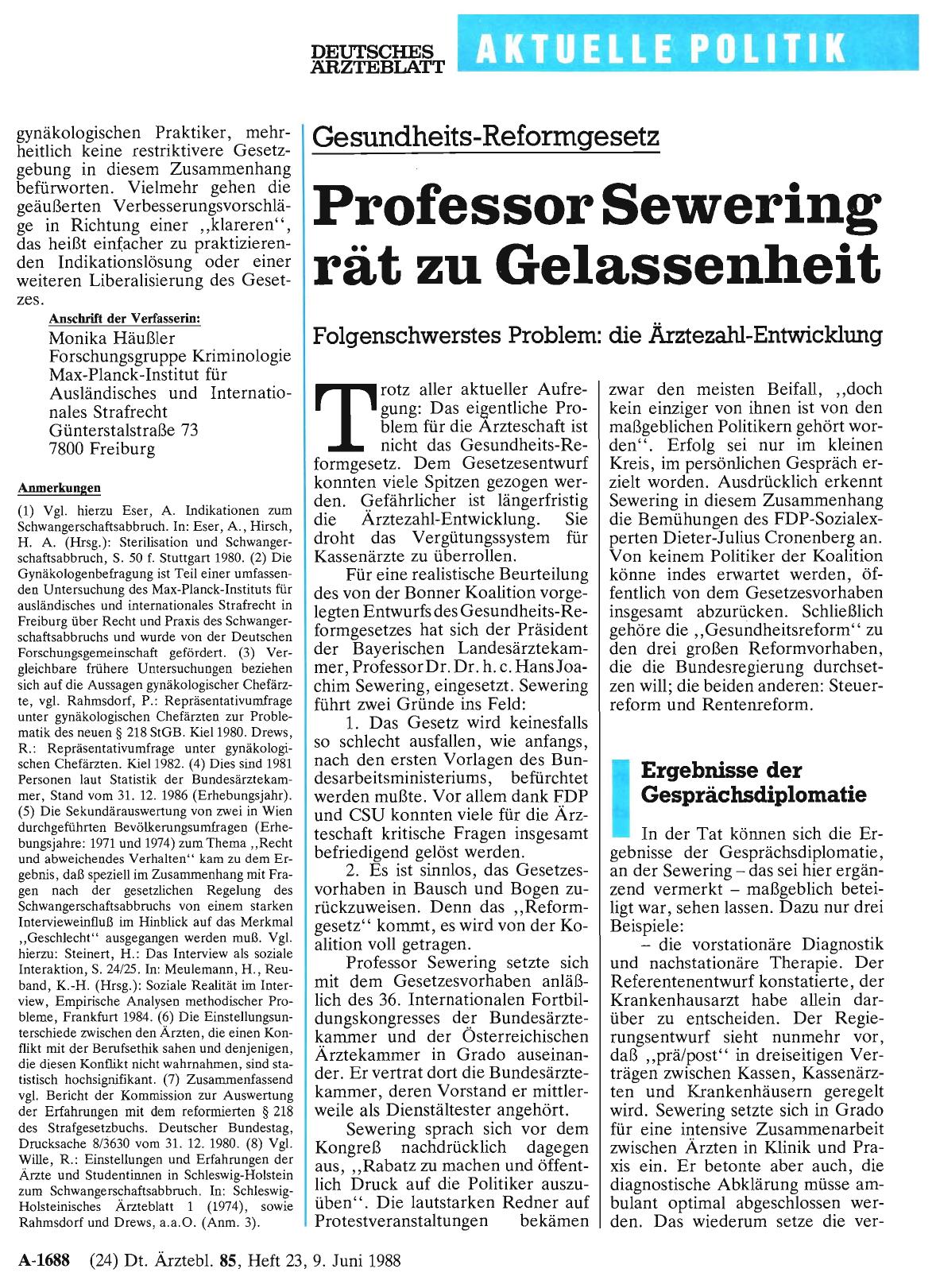 Vorschauseite 1: Gesundheits-Reformgesetz: Professor Sewering rät zu Gelassenheit