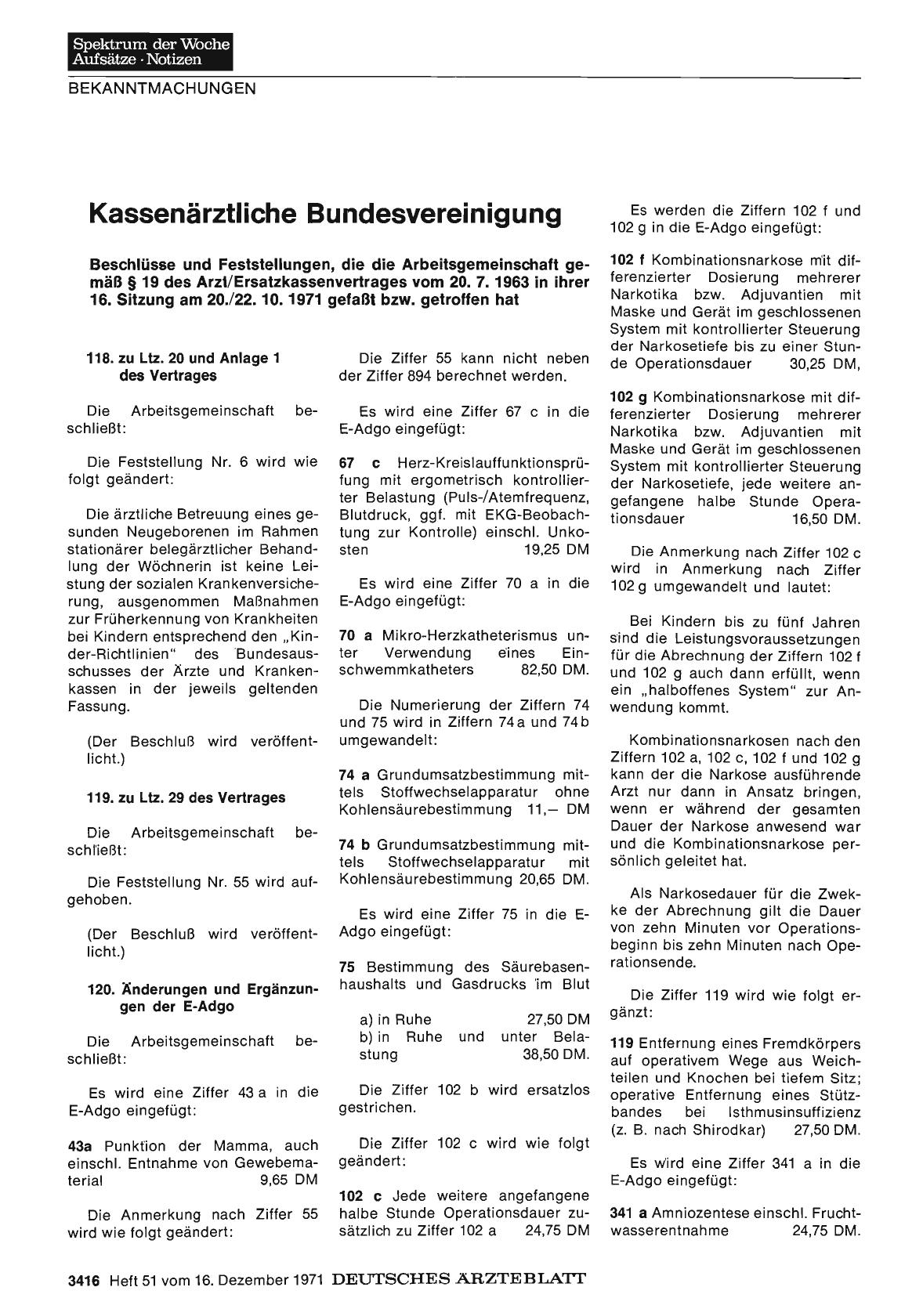 Vorschauseite 1: Kassenärztliche Bundesvereinigung: Beschlüsse und Feststellungen der Arbeitsgemeinschaft auf der 16. Sitzung am 20. /22. 10. 1971