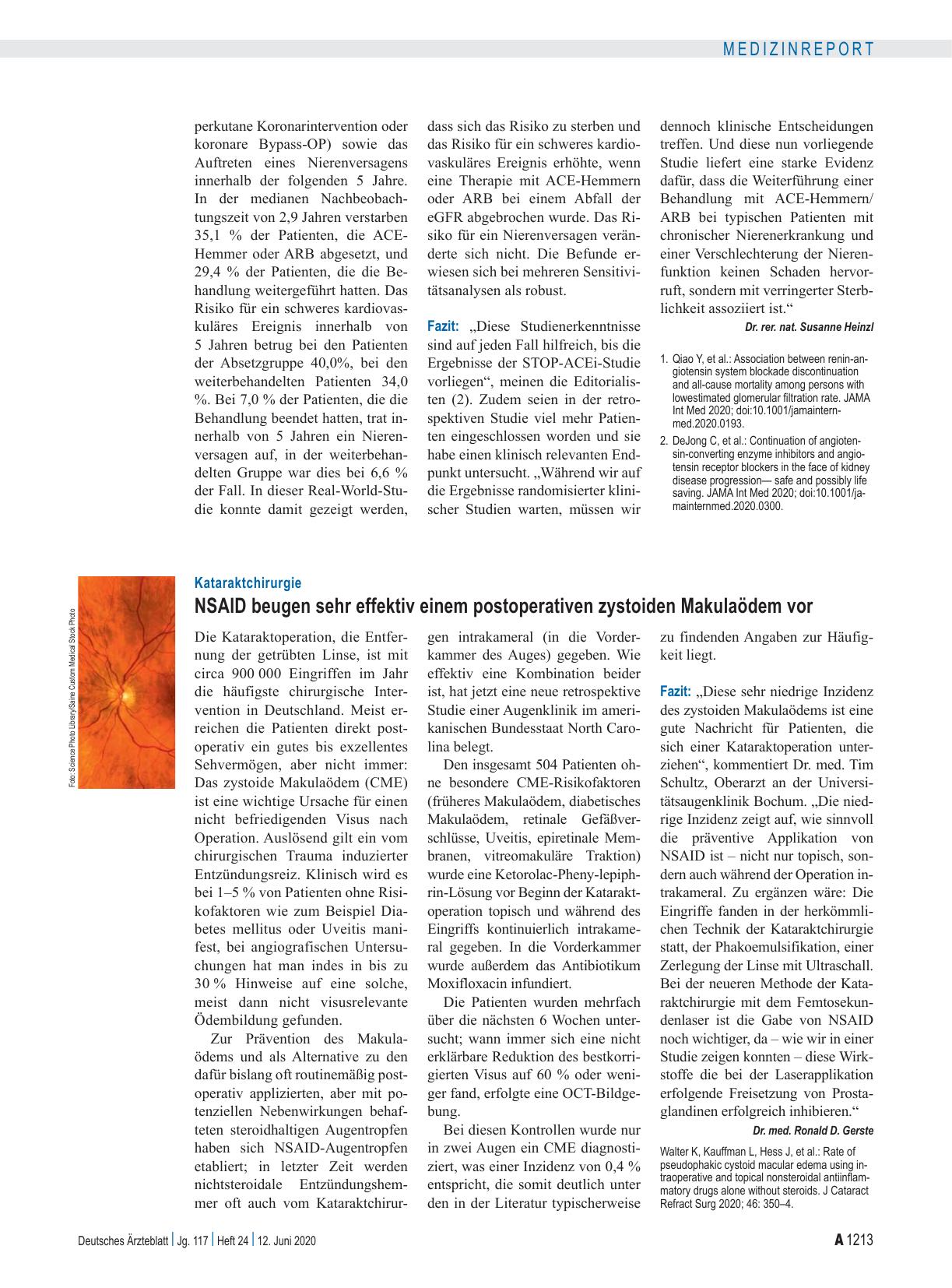 Vorschauseite 1: Kataraktchirurgie: NSAID beugen sehr effektiv einem postoperativen zystoiden Makulaödem vor