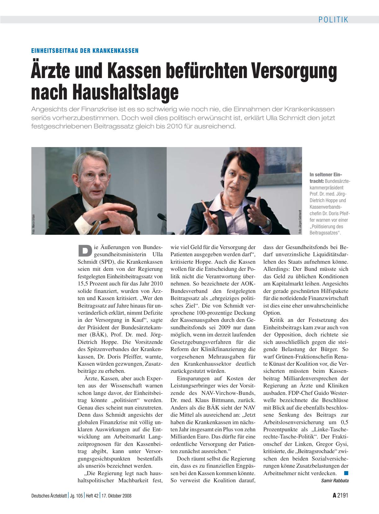 Vorschauseite 1: Einheitsbeitrag der Krankenkassen: Ärzte und Kassen befürchten Versorgung nach Haushaltslage