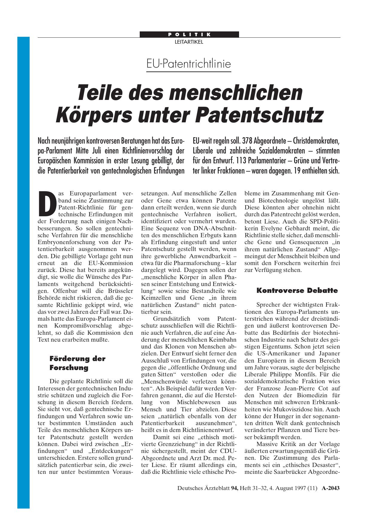 Vorschauseite 1: EU-Patentrichtlinie: Teile des menschlichen Körpers unter Patentschutz