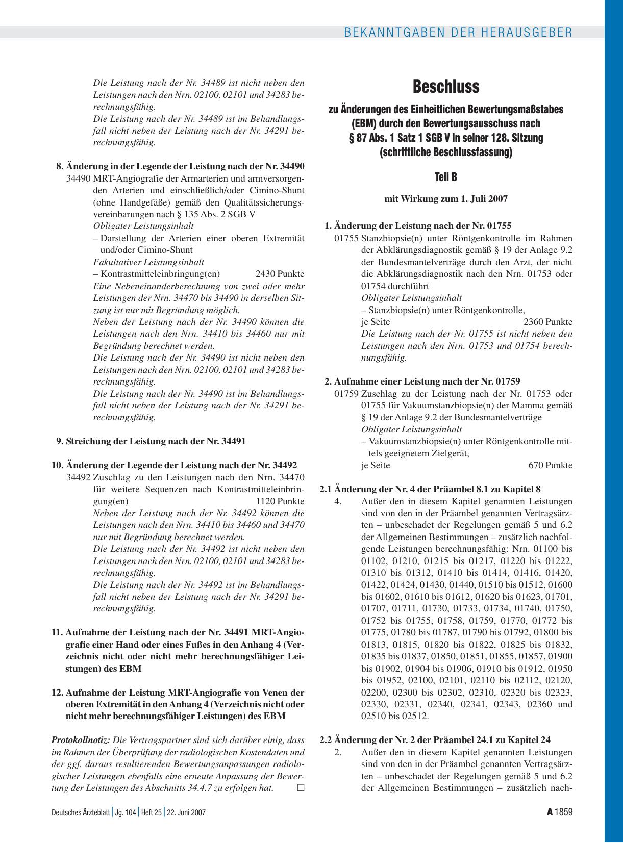 Vorschauseite 1: Beschluss zu Änderungen des Einheitlichen Bewertungsmaßstabes (EBM) durch den Bewertungsausschuss nach § 87 Abs. 1 Satz 1 SGB V in seiner 128. Sitzung (schriftliche Beschlussfassu…