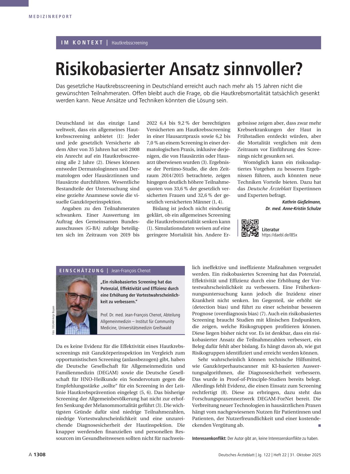 Vorschauseite 1: Hautkrebsscreening: Risikobasierter Ansatz sinnvoller?