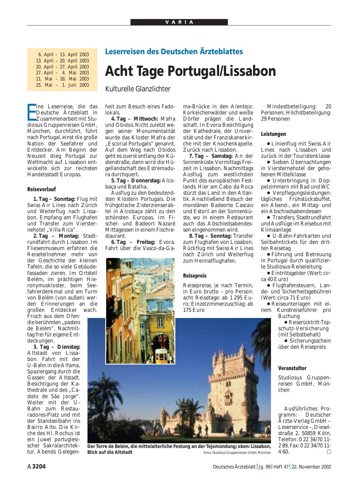 Vorschauseite 1: Leserreisen des Deutschen Ärzteblattes: Acht Tage Portugal/Lissabon