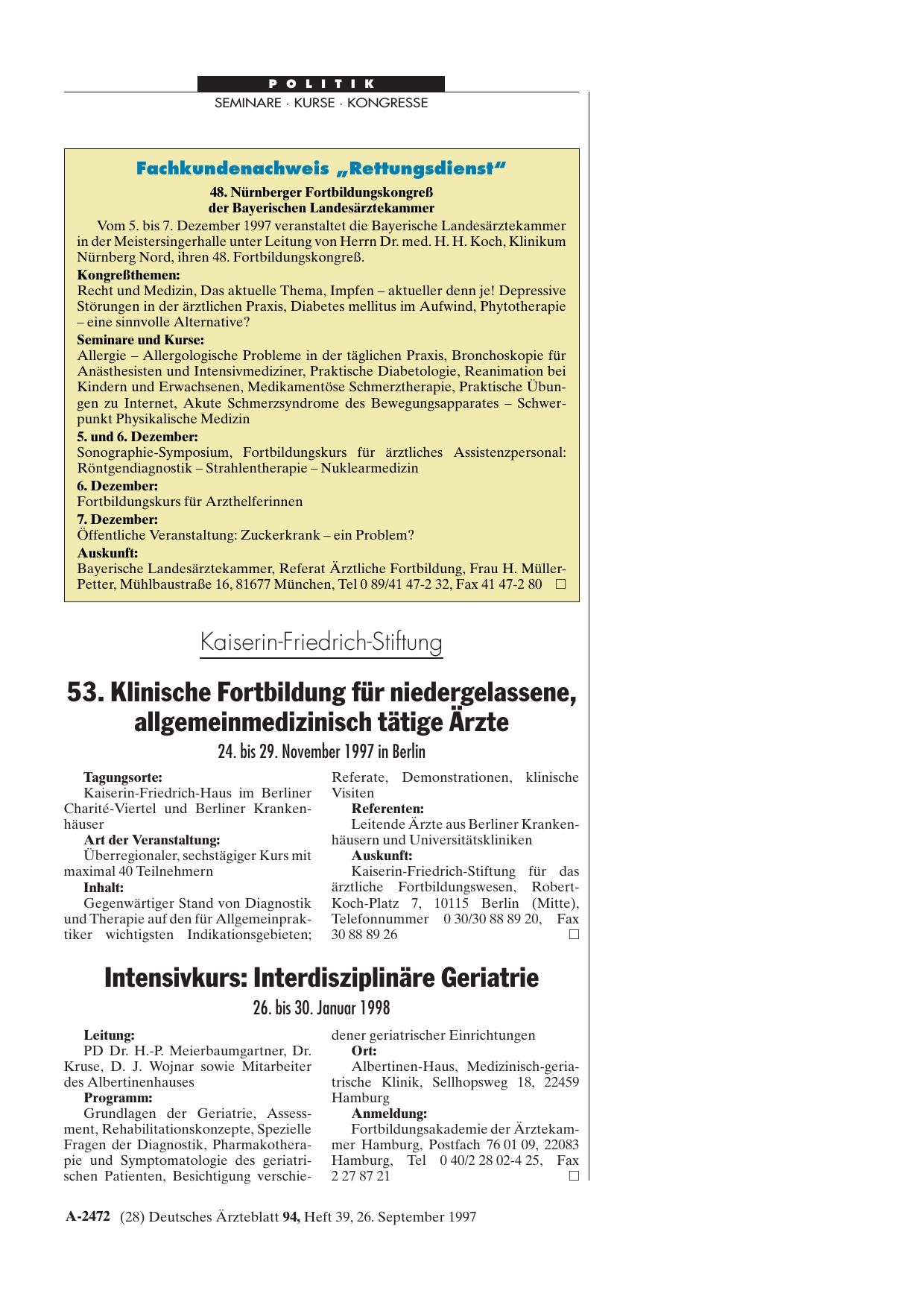 Vorschauseite 1: Fachkundenachweis „Rettungsdienst“: 48. Nürnberger Fortbildungskongreß der Bayerischen Landesärztekammer