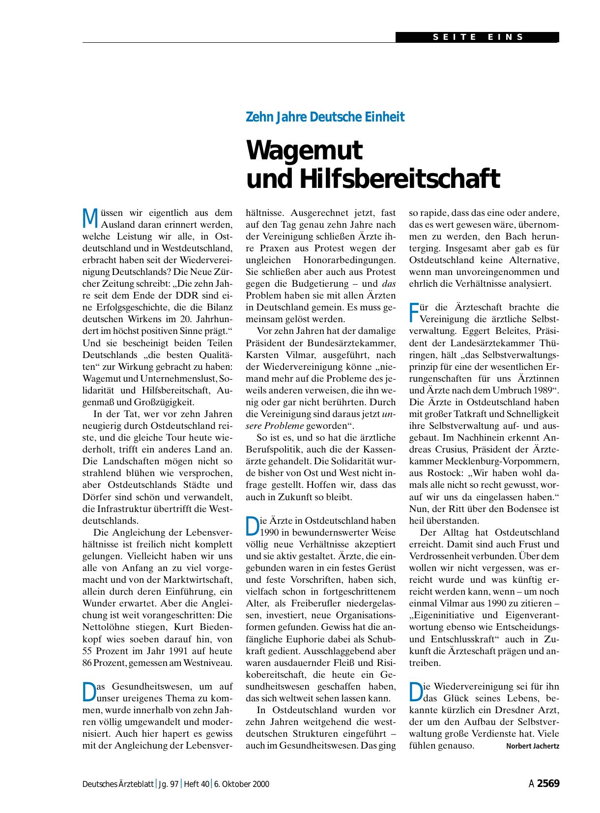 Vorschauseite 1: Zehn Jahre Deutsche Einheit: Wagemut und Hilfsbereitschaft