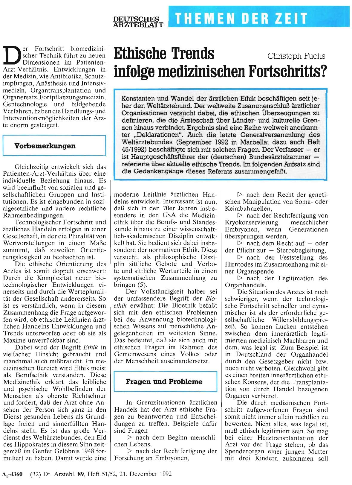 Vorschauseite 1: Ethische Trends infolge medizinischen Fortschritts?