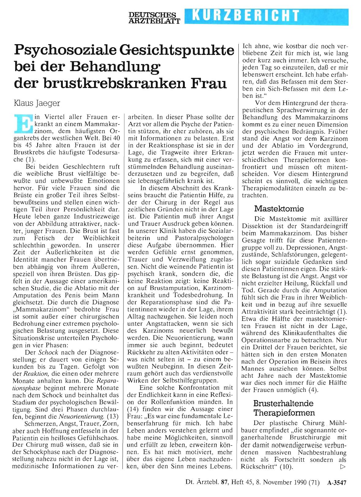 Vorschauseite 1: Psychosoziale Gesichtspunkte bei der Behandlung der brustkrebskranken Frau