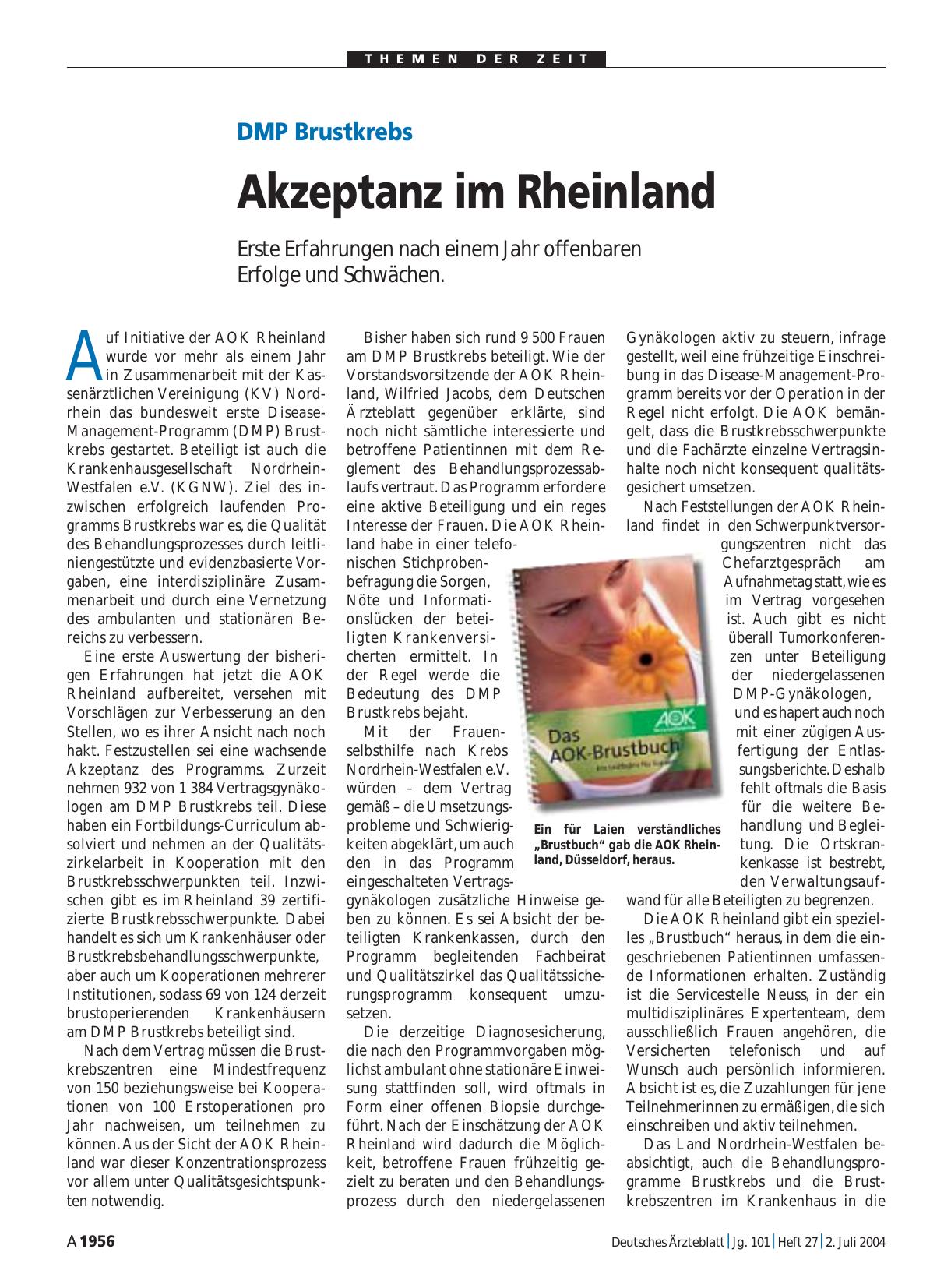 Vorschauseite 1: DMP Brustkrebs: Akzeptanz im Rheinland
