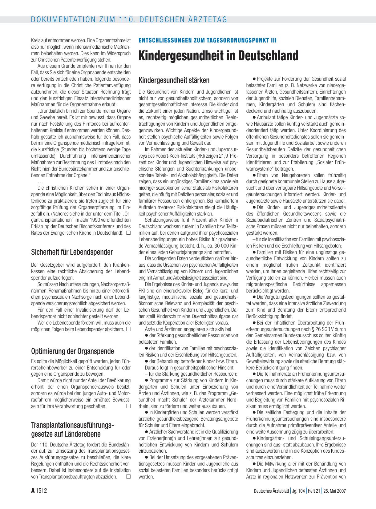 Vorschauseite 1: Entschliessungen zum Tagesordnungspunkt III: Kindergesundheit in Deutschland