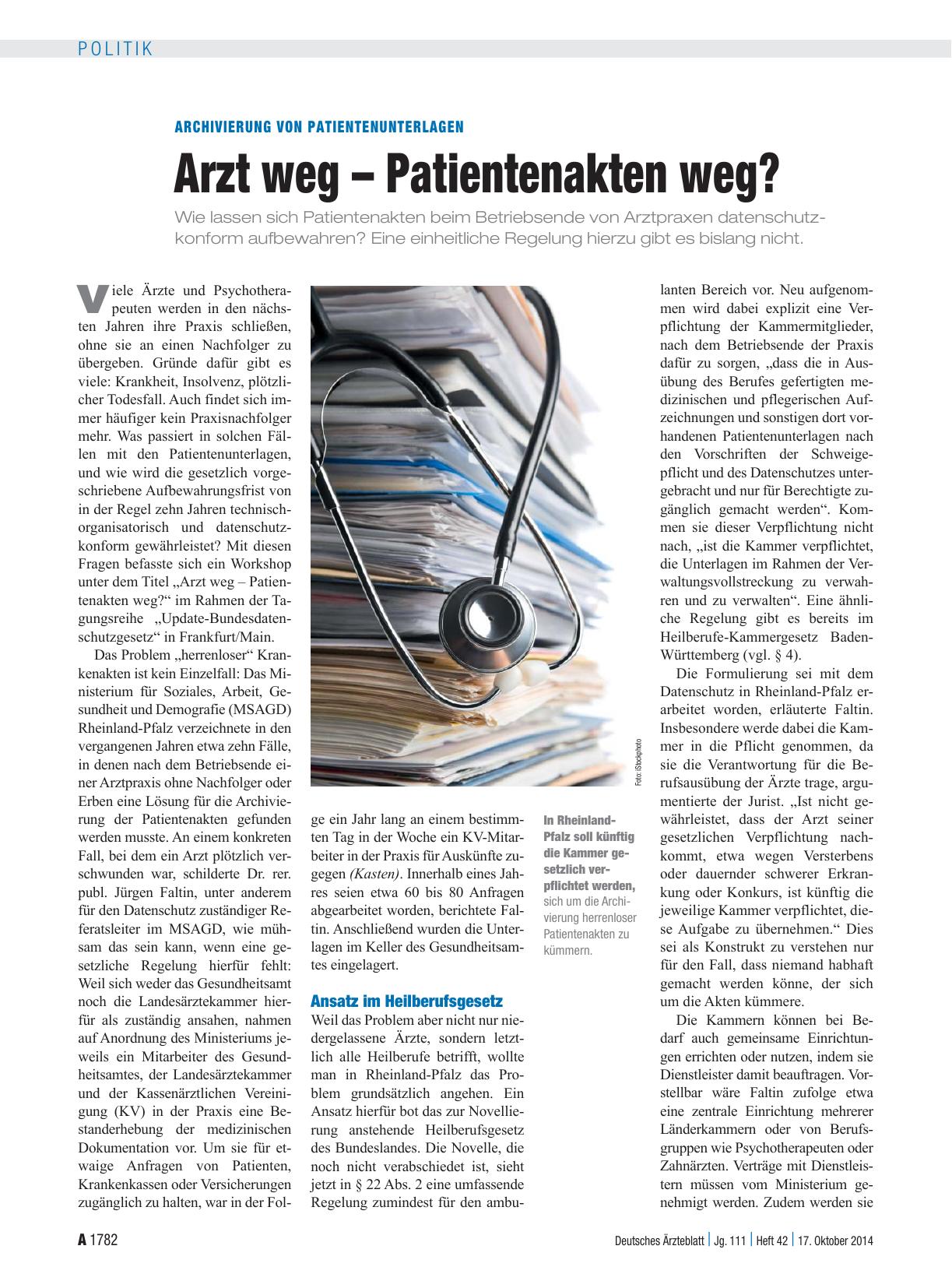 Vorschauseite 1: Archivierung von Patientenunterlagen: Arzt weg – Patientenakten weg?