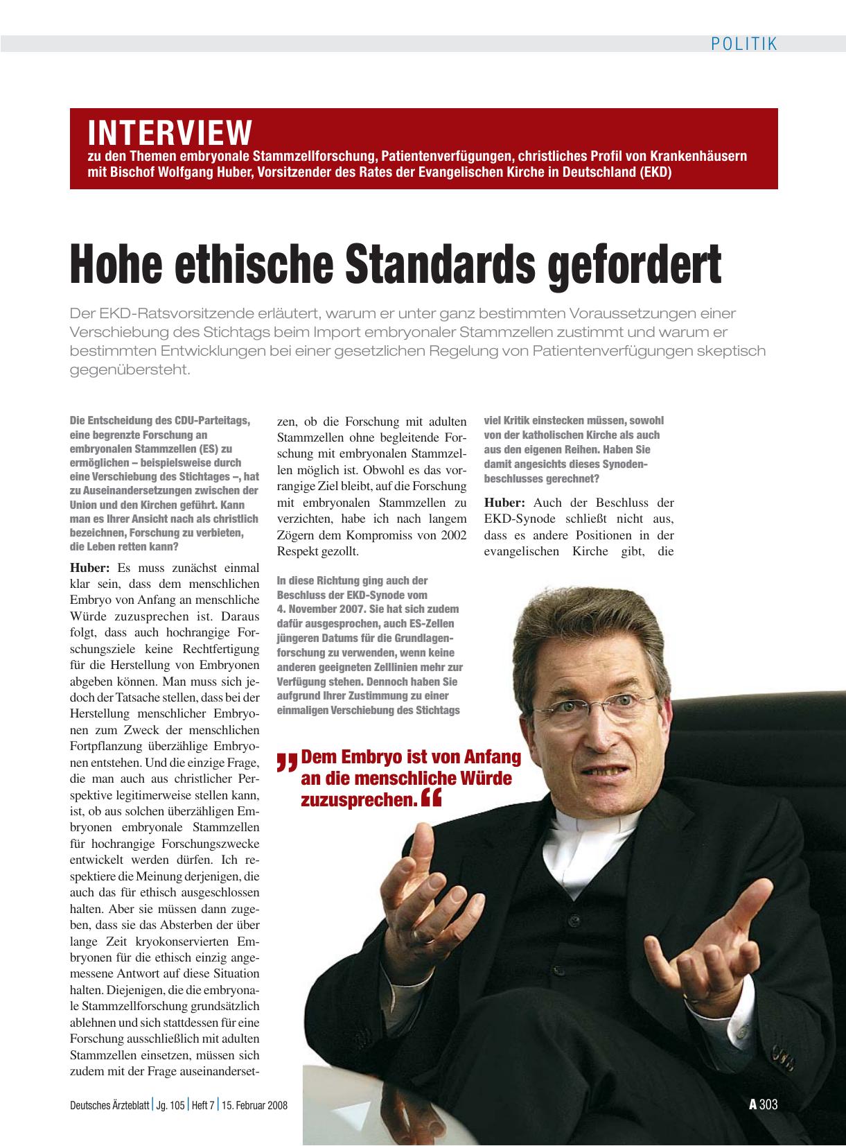 Vorschauseite 1: Interview: Hohe ethische Standards gefordert