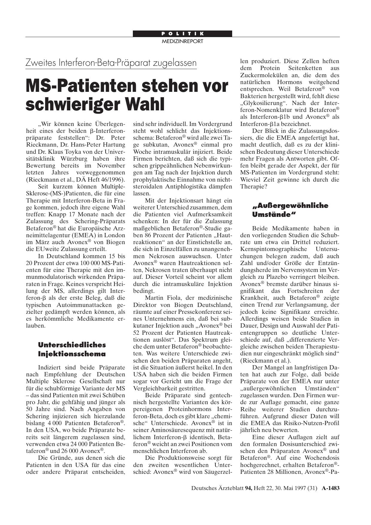 Vorschauseite 1: Zweites Interferon-Beta-Präparat zugelassen: MS-Patienten stehen vor schwieriger Wahl