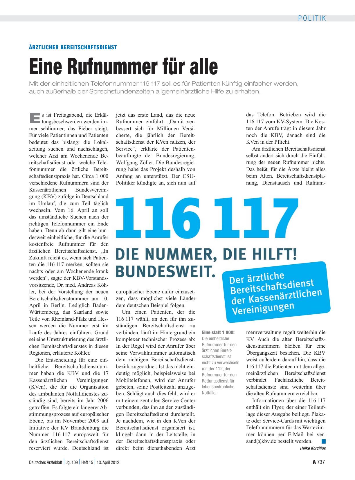 Vorschauseite 1: Ärztlicher Bereitschaftsdienst: Eine Rufnummer für alle
