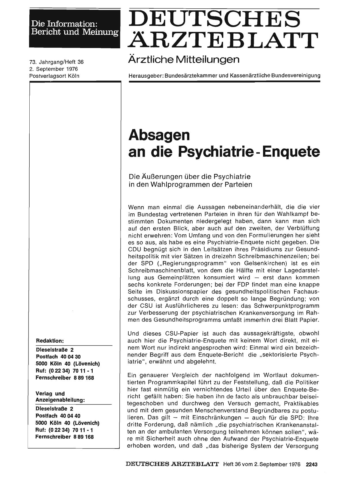 Vorschauseite 1: Absagen an die Psychiatrie-Enquete