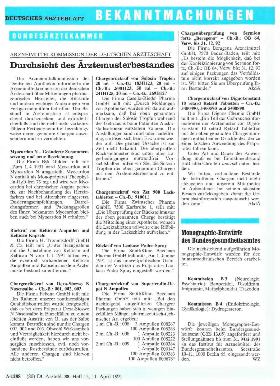 Vorschauseite 1: Monographie-Entwürfe des Bundesgesundheitsamtes