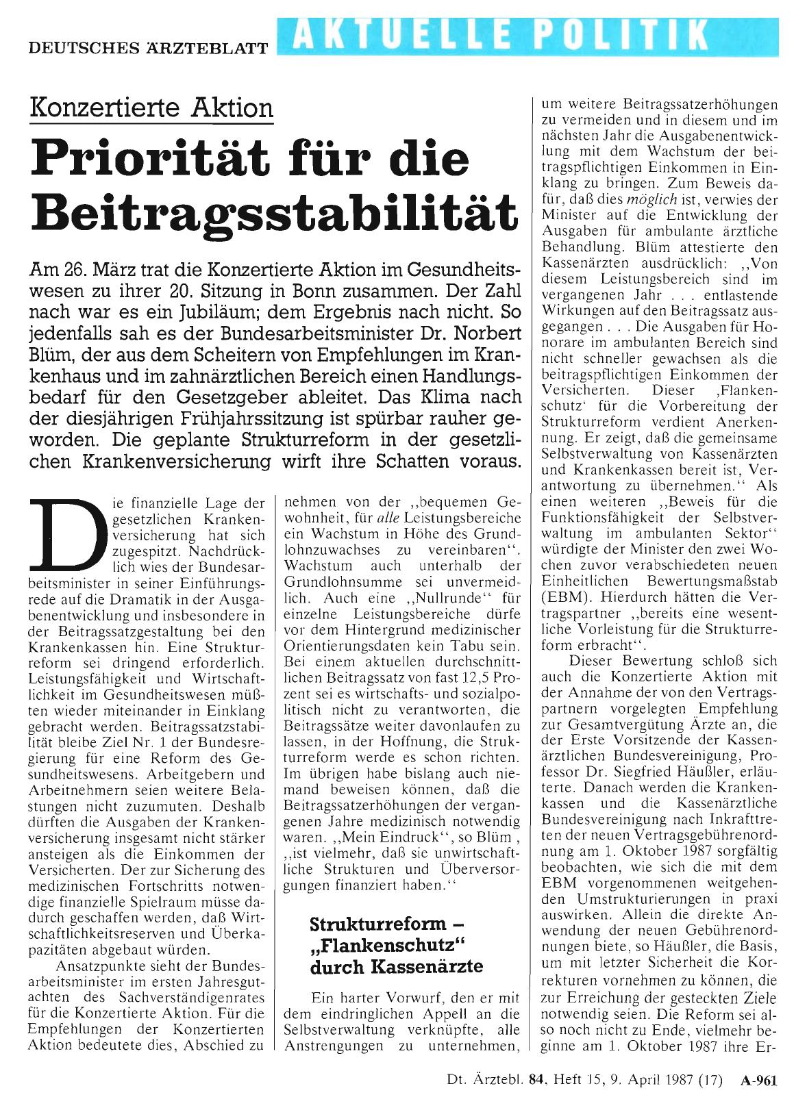 Vorschauseite 1: Konzertierte Aktion: Priorität für die Beitragsstabilität
