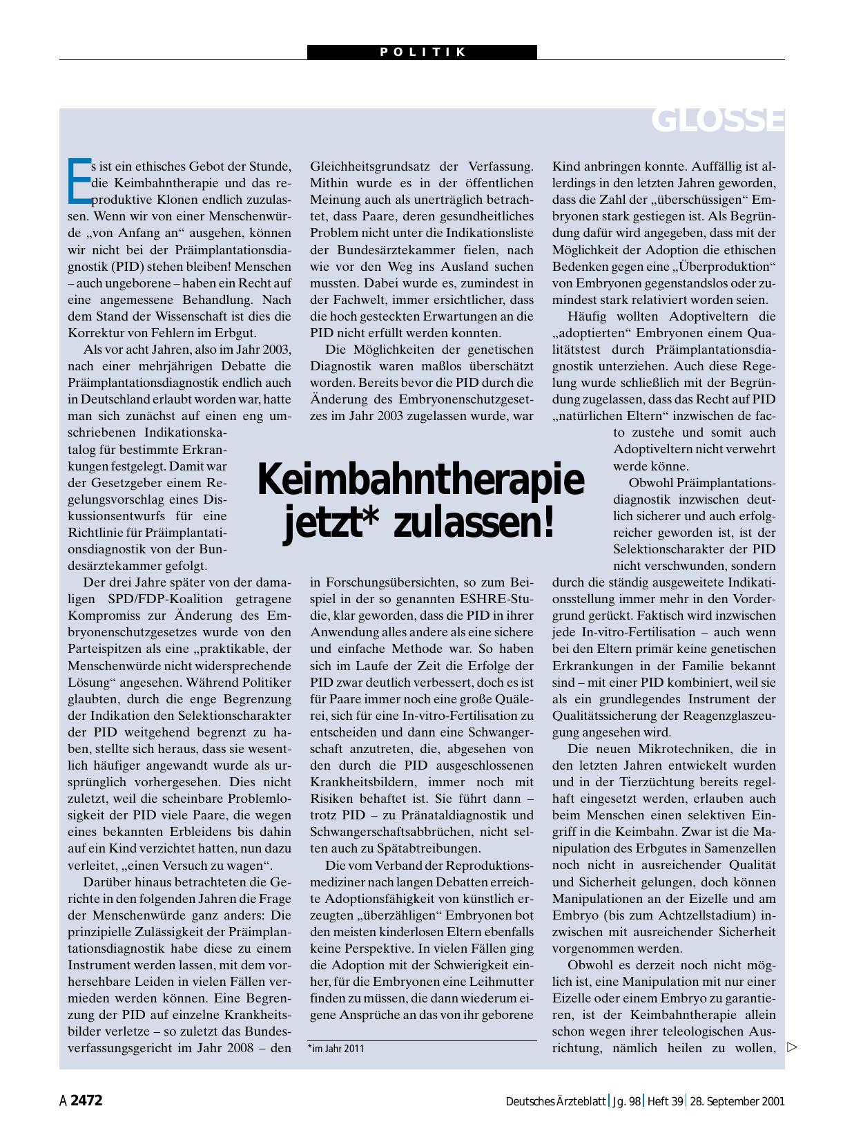 Vorschauseite 1: Keimbahntherapie jetzt* zulassen!