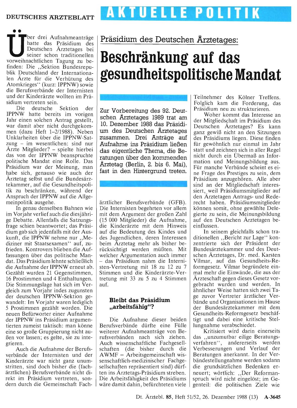 Vorschauseite 1: Präsidium des Deutschen Ärztetages: Beschränkung auf das gesundheitspolitische Mandat