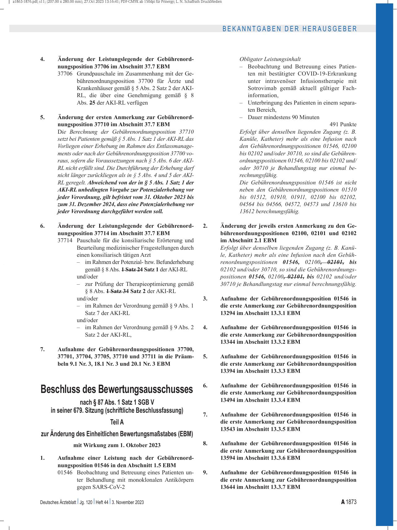 Vorschauseite 1: Beschluss des Bewertungsausschusses nach § 87 Abs. 1 Satz 1 SGB V in seiner 679. Sitzung (schriftliche Beschlussfassung) zur Änderung des Einheitlichen Bewertungsmaßstabes (EBM)
