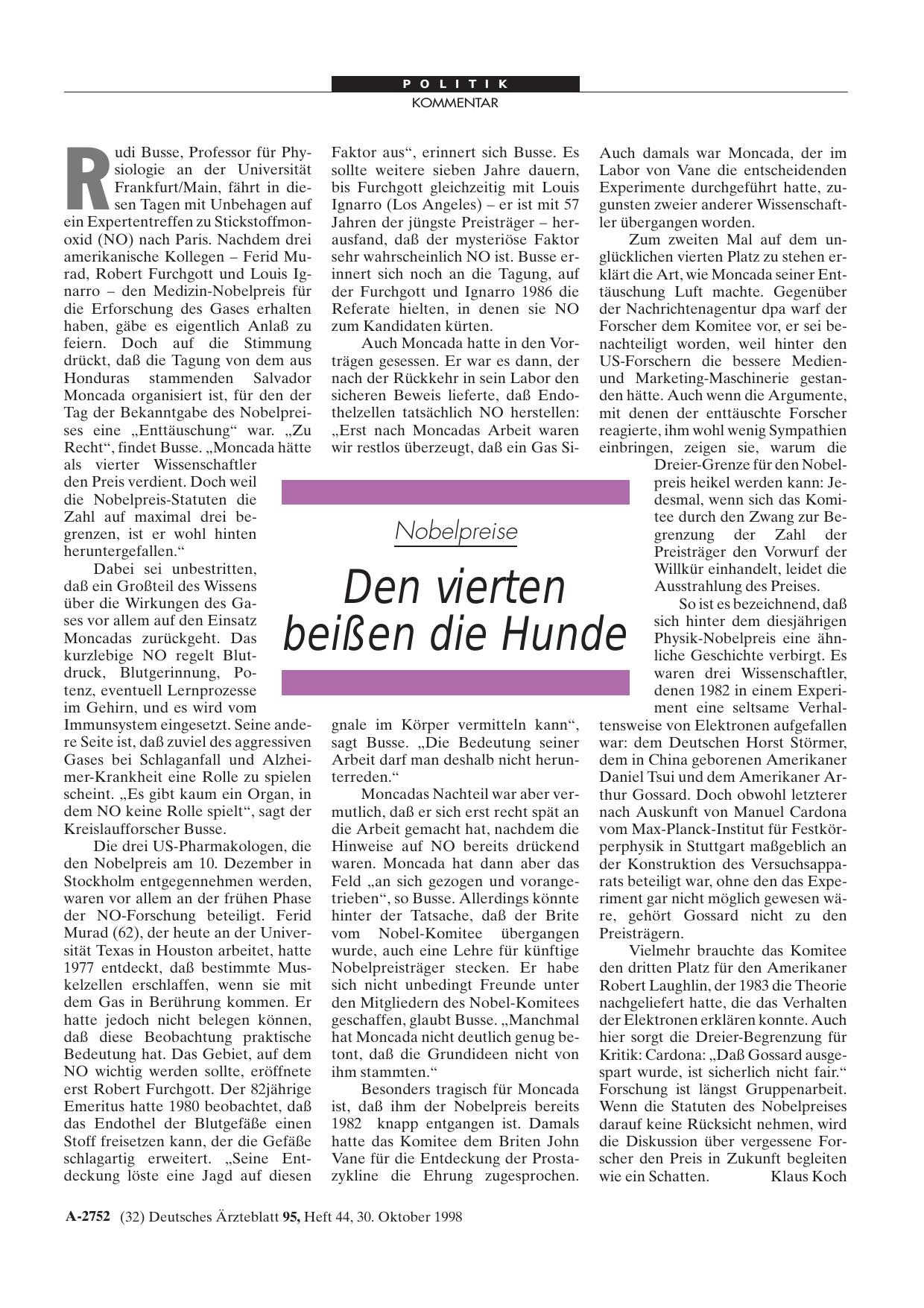 Vorschauseite 1: Nobelpreise: Den vierten beißen die Hunde