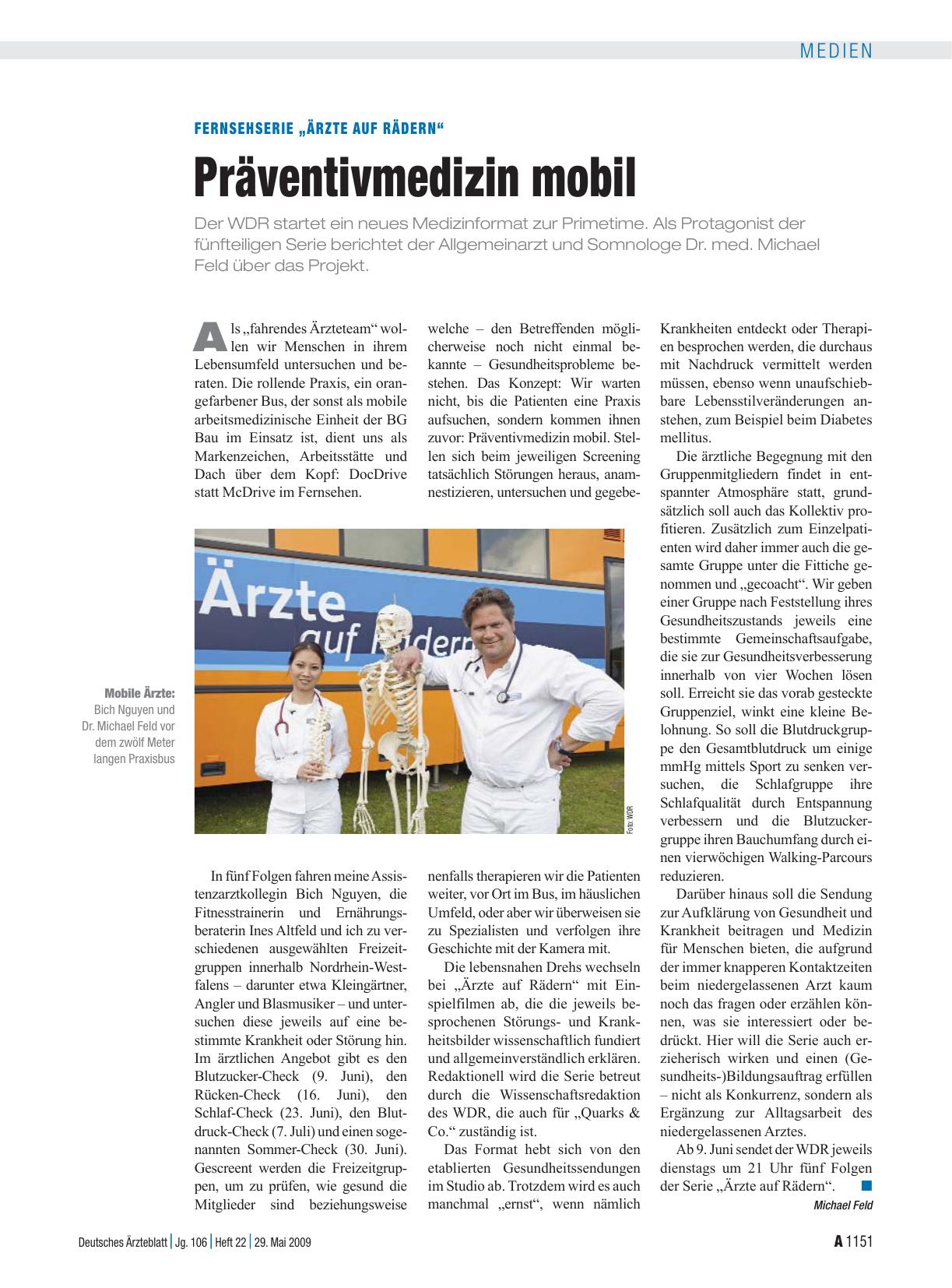 Vorschauseite 1: Fernsehserie „Ärzte auf Rädern“: Präventivmedizin mobil
