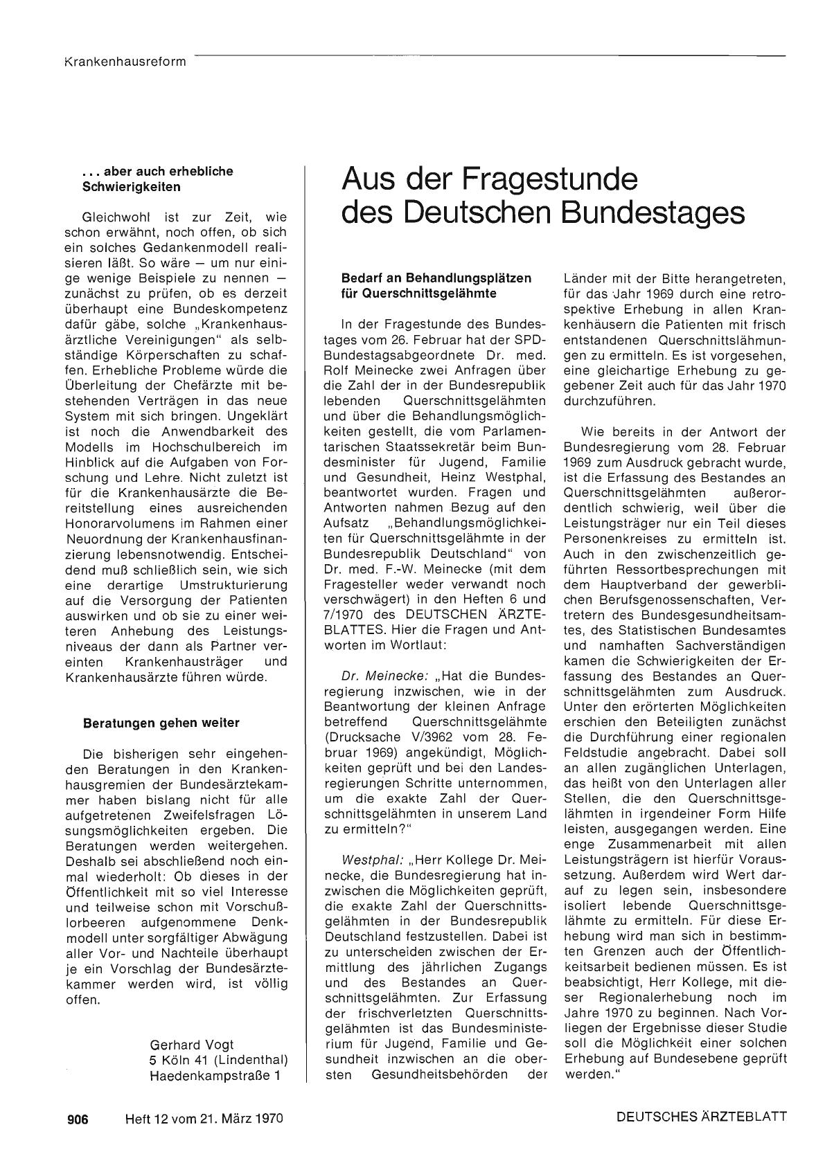 Vorschauseite 1: Aus der Fragestunde des Deutschen Bundestages