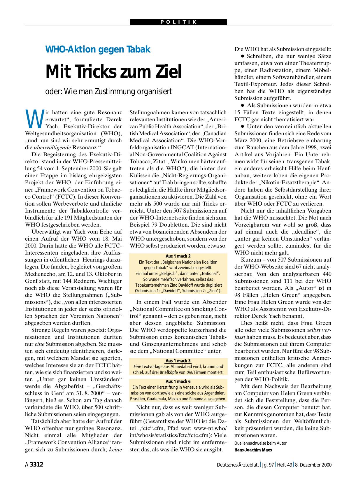 Vorschauseite 1: WHO-Aktion gegen Tabak: Mit Tricks zum Ziel oder - Wie man Zustimmung organisiert