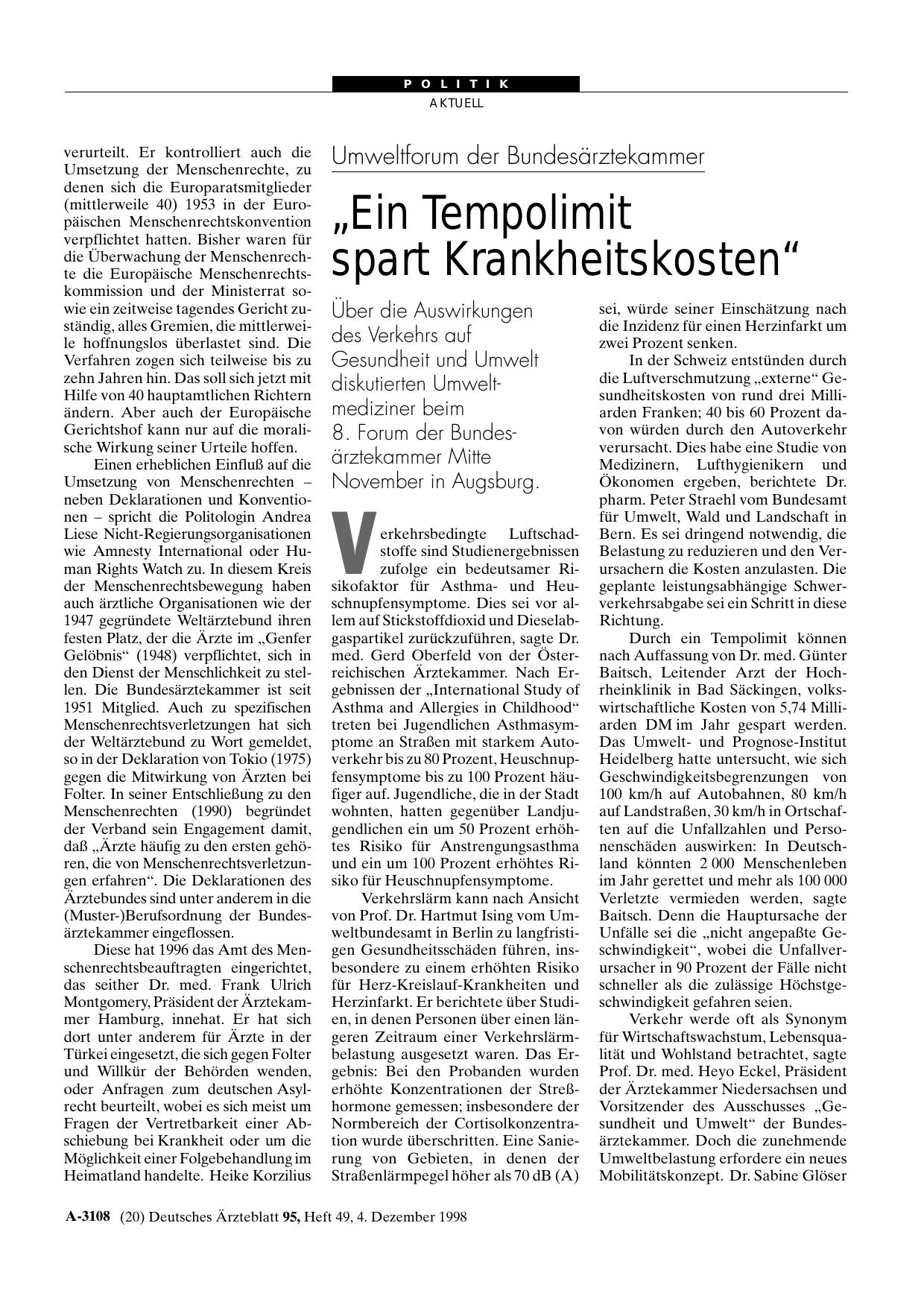 Vorschauseite 1: Umweltforum der Bundesärztekammer: „Ein Tempolimit spart Krankheitskosten“