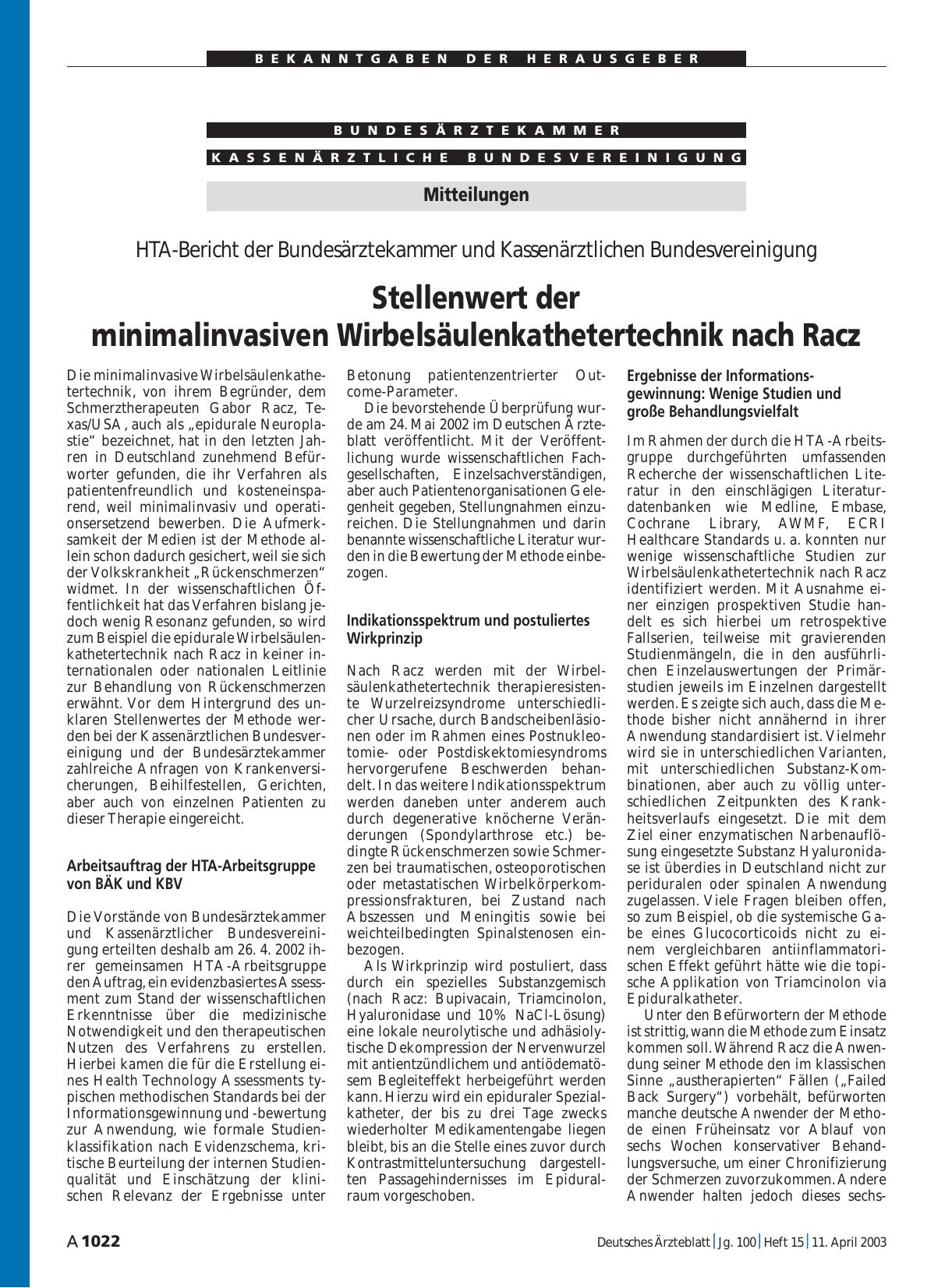 Vorschauseite 1: Mitteilungen: Stellenwert der minimalinvasiven Wirbelsäulenkathetertechnik nach Racz