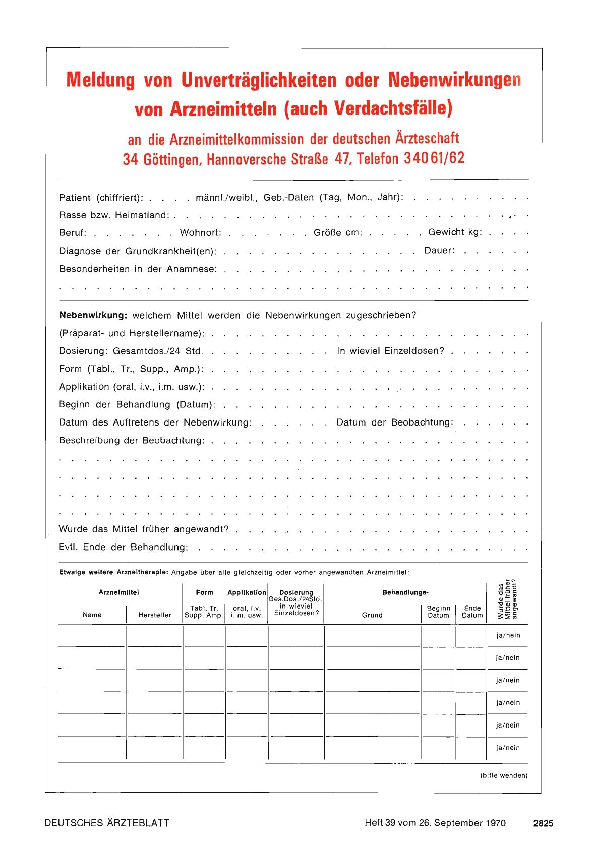 Vorschauseite 1: Meldung von Unverträglichkeiten oder Nebenwirkungen von Arzneimitteln (auch Verdachtsfälle)