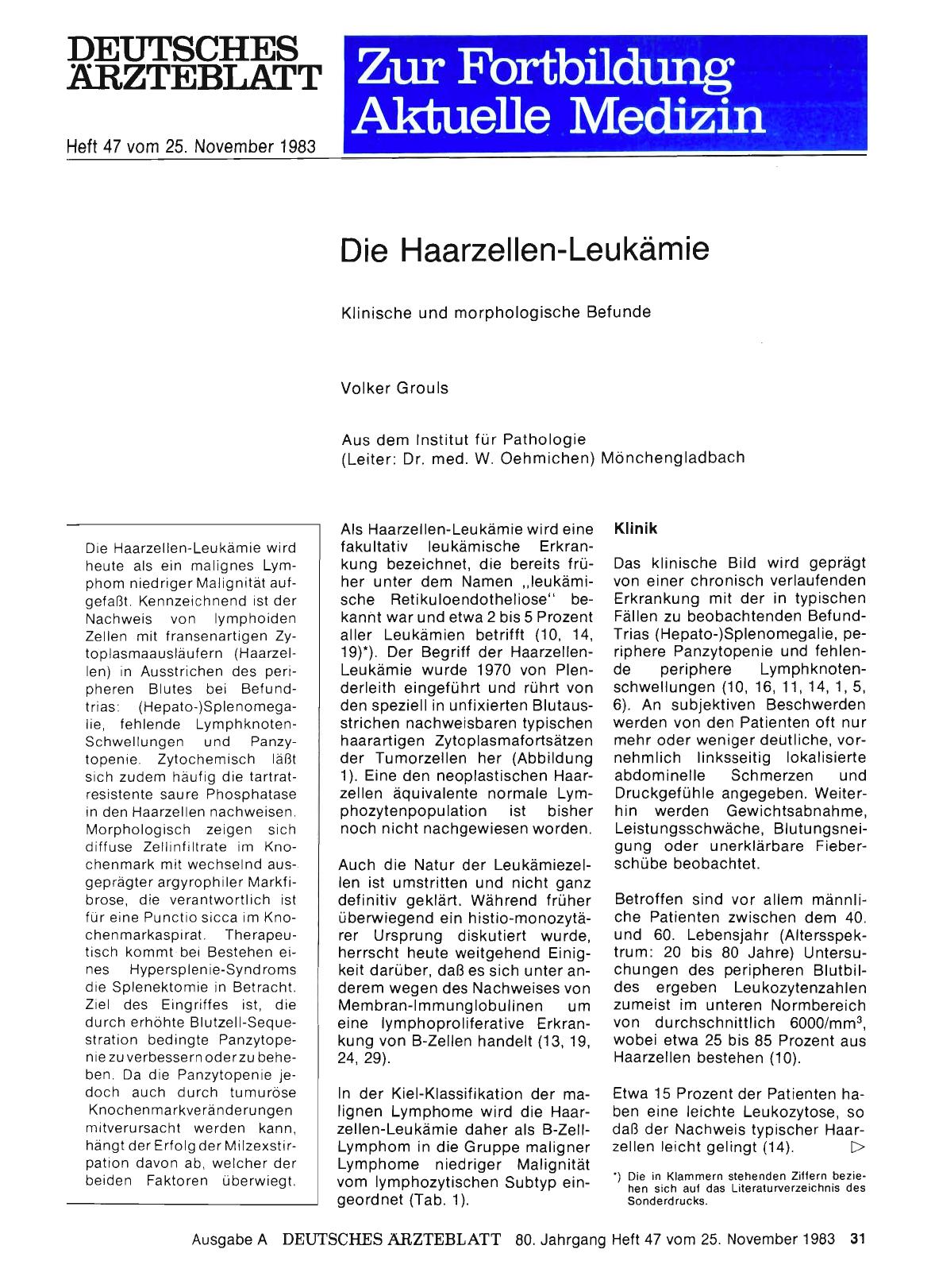 Vorschauseite 1: Die Haarzellen-Leukämie: Klinische und morphologische Befunde