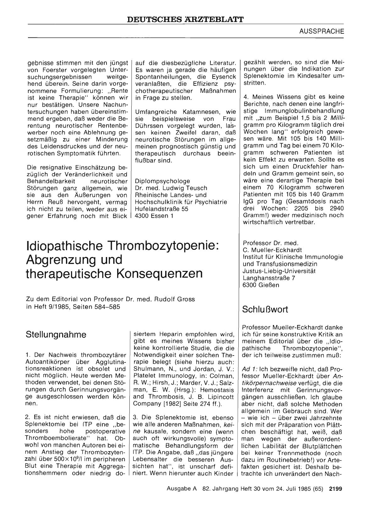 Vorschauseite 1: Idiopathische Thrombozytopenie: Abgrenzung und therapeutische Konsequenzen: Schlußwort