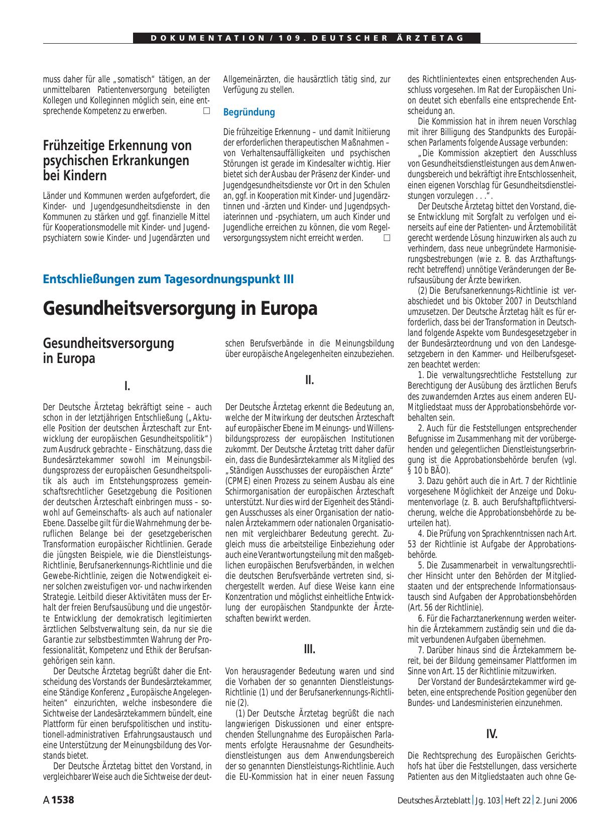 Vorschauseite 1: Entschließungen zum Tagesordnungspunkt III: Gesundheitsversorgung in Europa