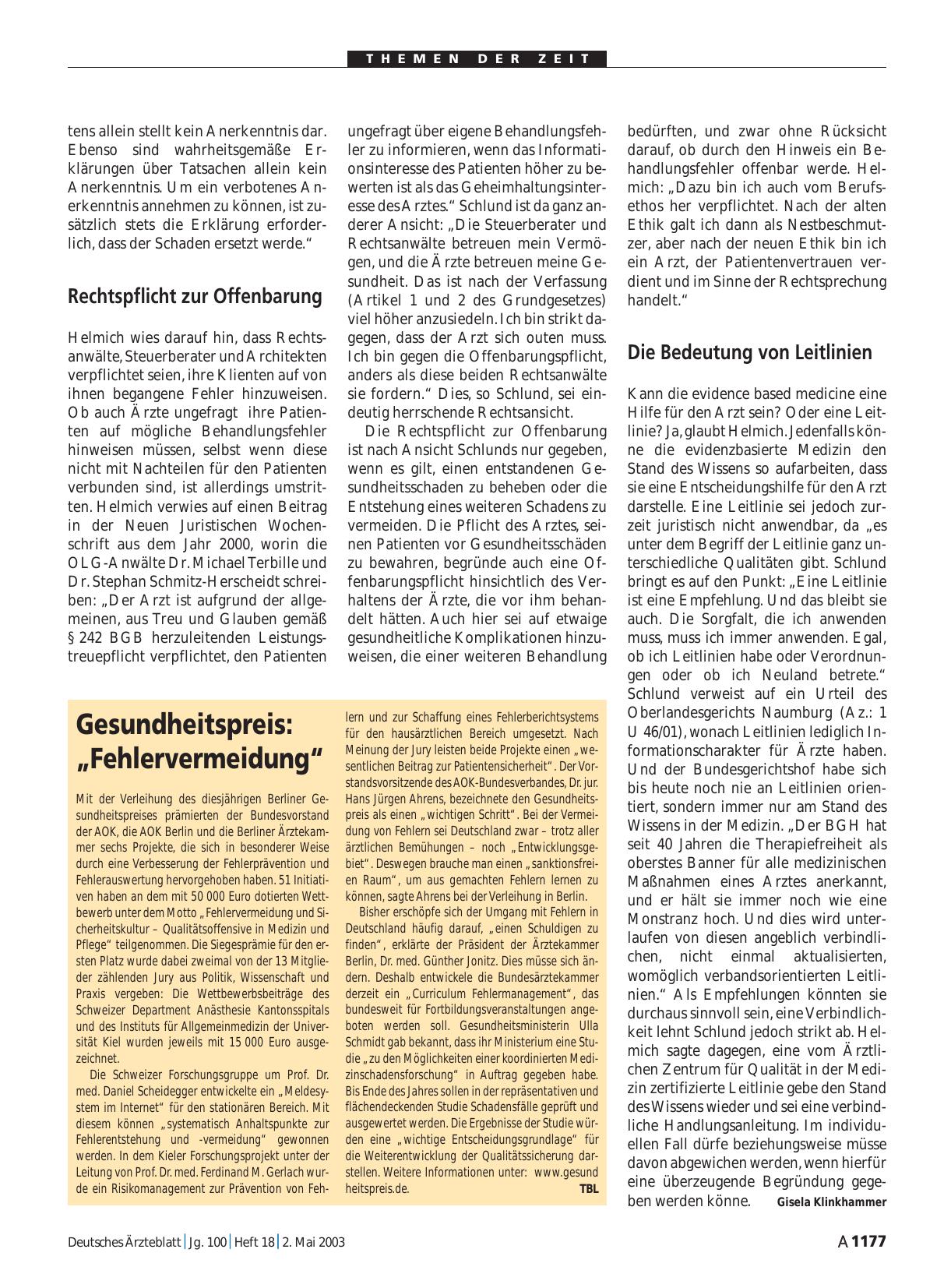 Vorschauseite 1: Gesundheitspreis: „Fehlervermeidung“