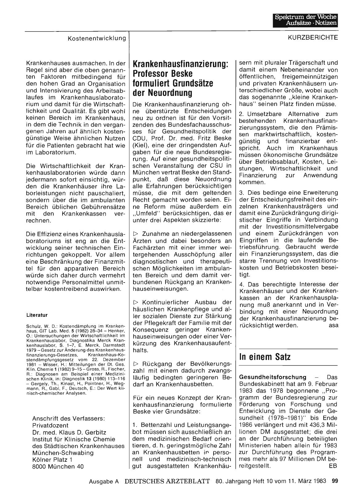 Vorschauseite 1: Krankenhausfinanzierung: Professor Beske formuliert Grundsätze der Neuordnung