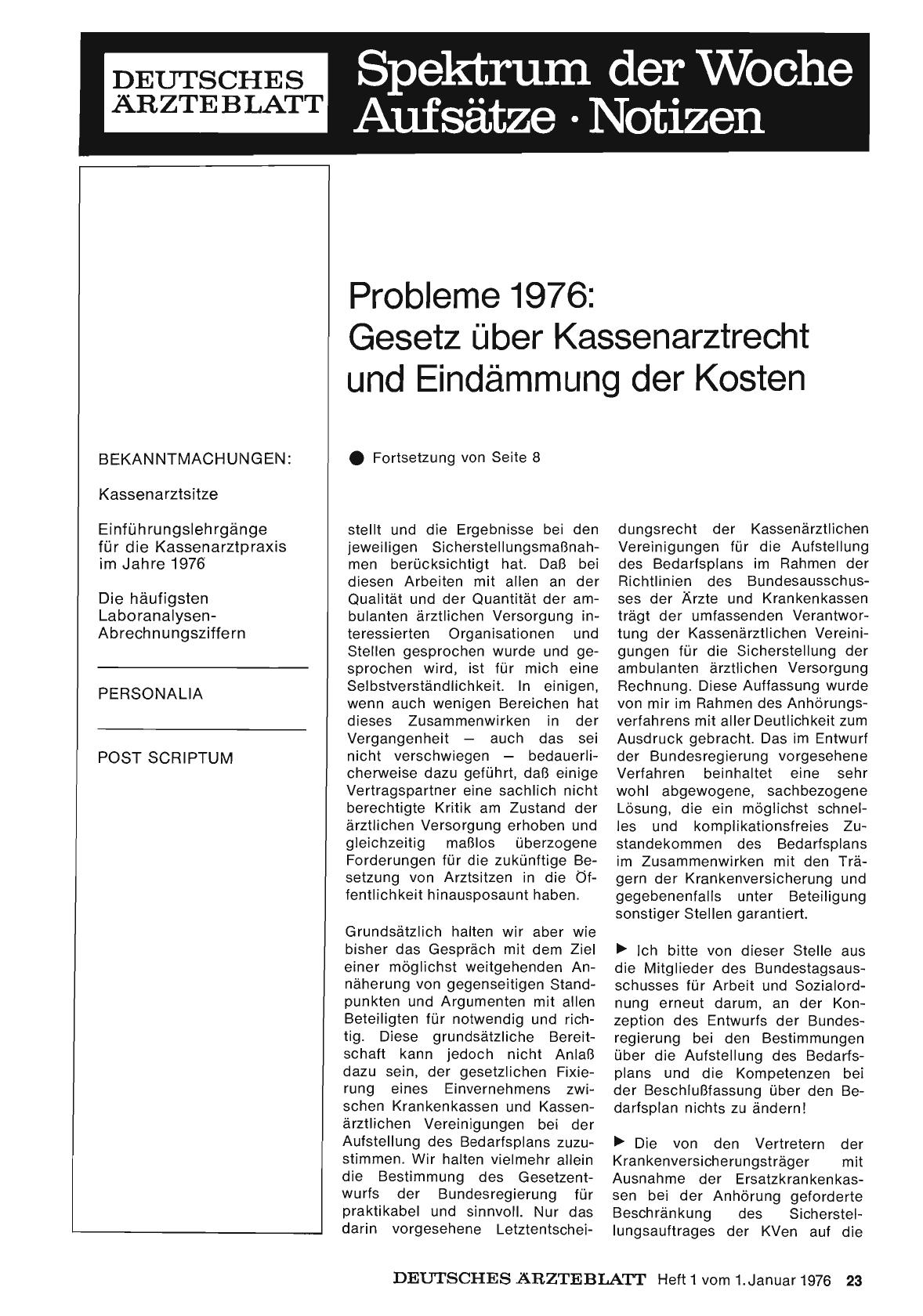Vorschauseite 1: Probleme 1976: Gesetz über Kassenarztrecht und Eindämmung der Kosten (Teil 2)