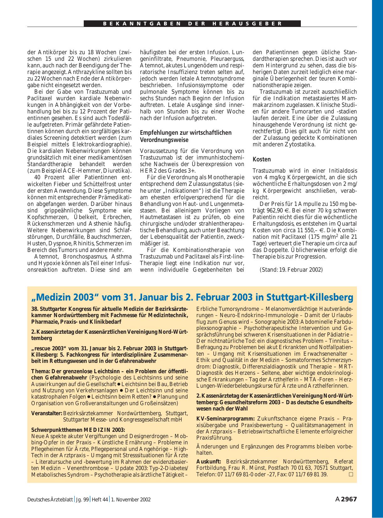 Vorschauseite 1: „Medizin 2003“ vom 31. Januar bis 2. Februar 2003 in Stuttgart-Killesberg