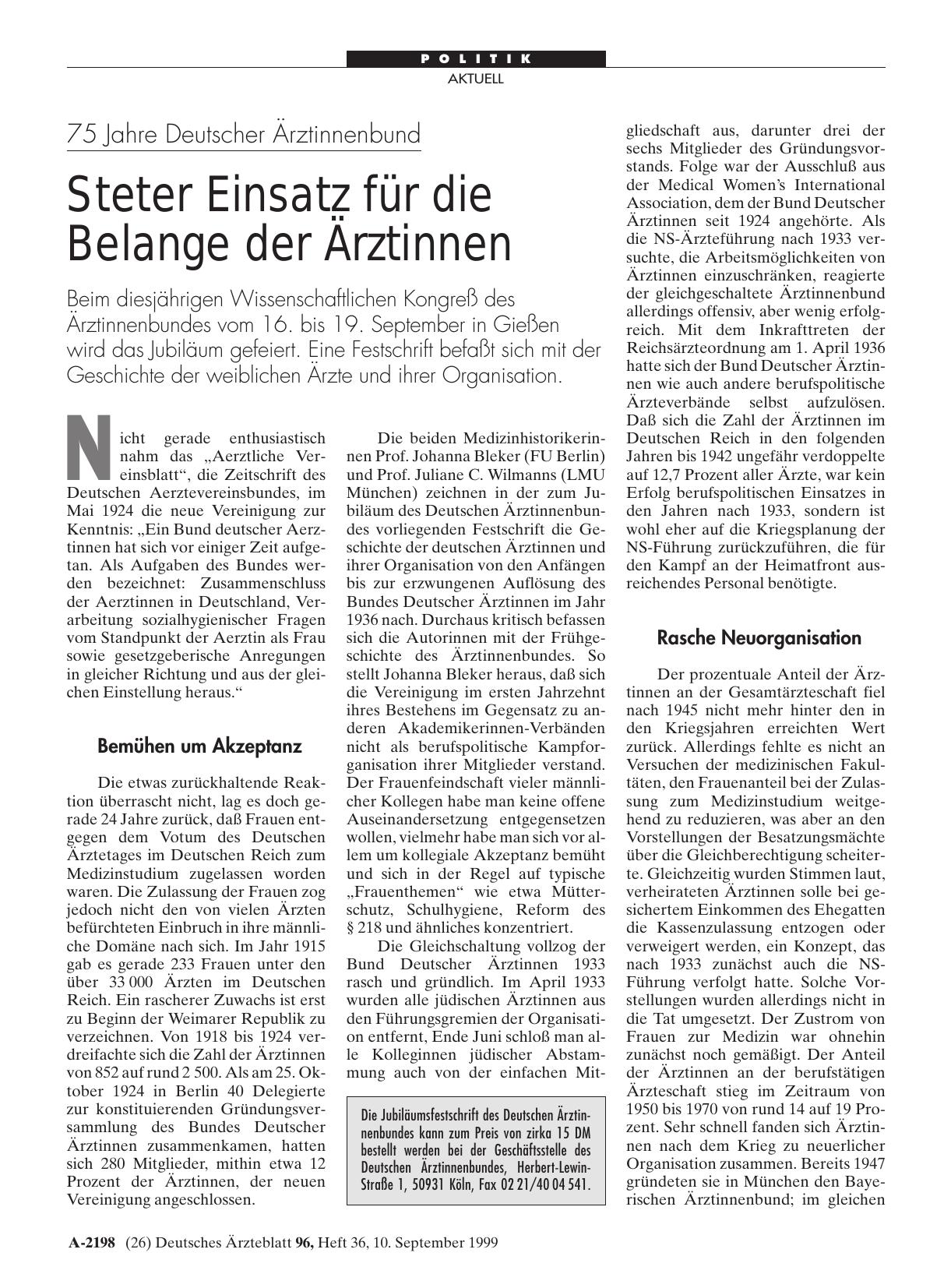 Vorschauseite 1: 75 Jahre Deutscher Ärztinnenbund: Steter Einsatz für die Belange der Ärztinnen