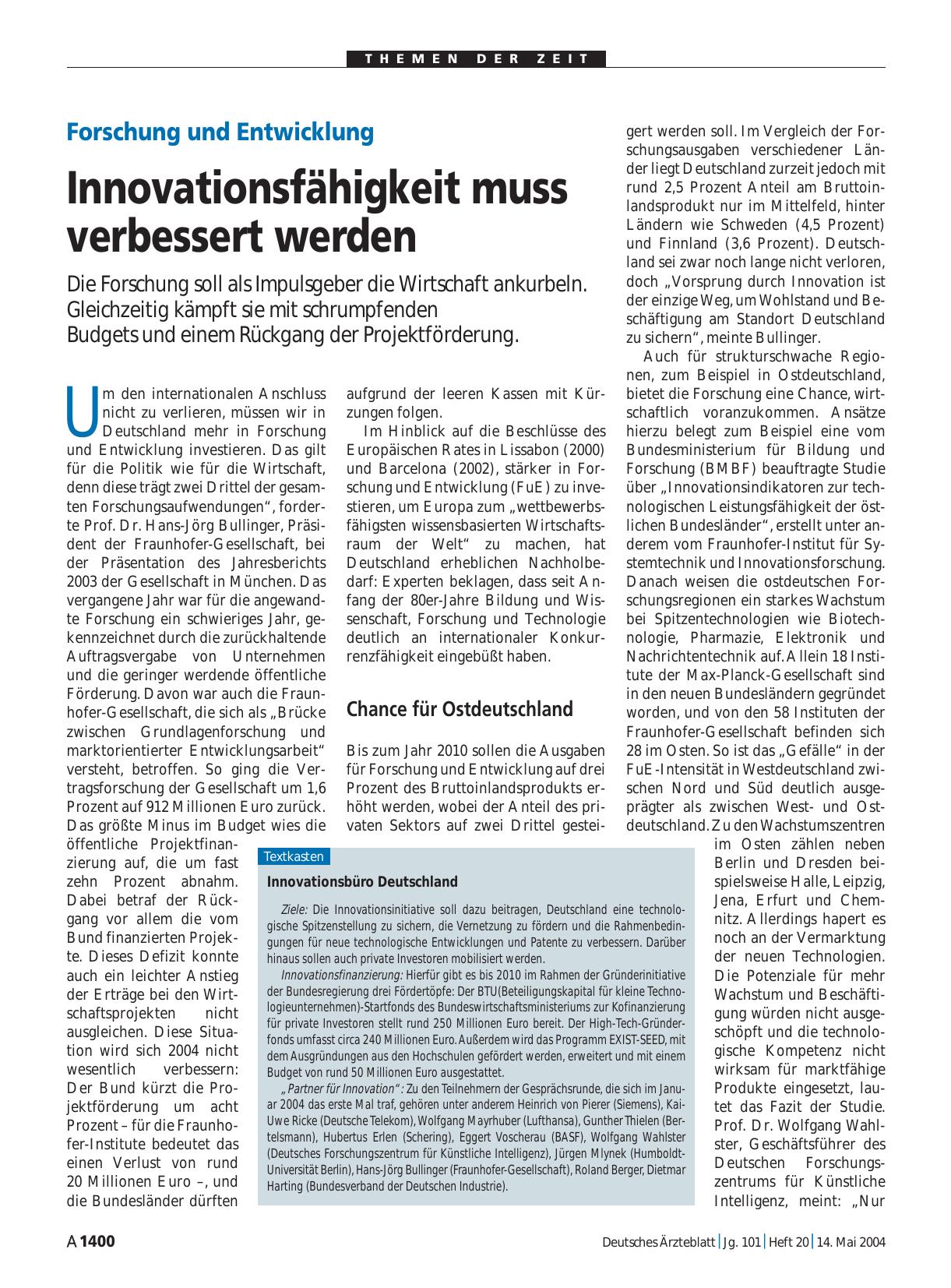 Vorschauseite 1: Forschung und Entwicklung: Innovationsfähigkeit muss verbessert werden